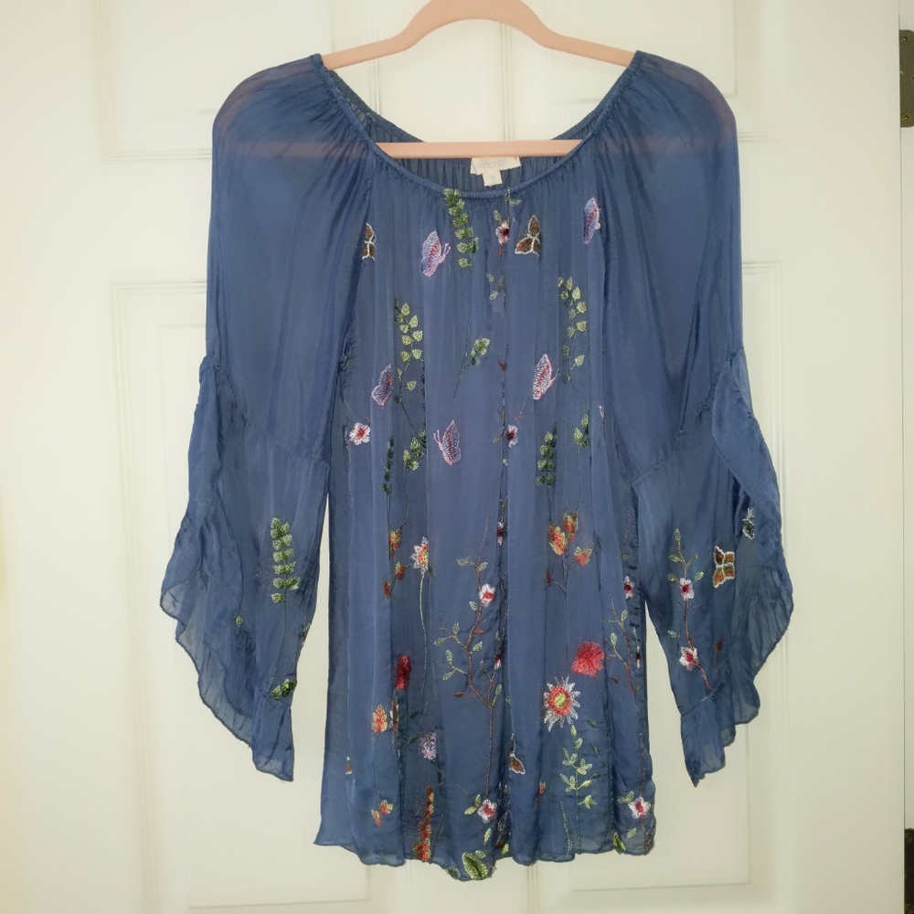 Belle France Silk Boho Peasant Blouse Blue Embroidery S